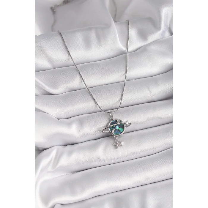 316L Çelik Gümüş Renk Zincir Zirkon Taşlı Gezegen Model Kadın Kolye