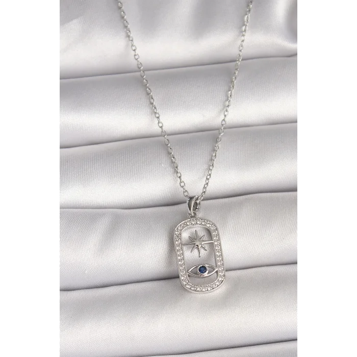 316L Çelik Gümüş Renk Zincir Zirkon Taşlı Göz Yıldız Model Kadın Kolye