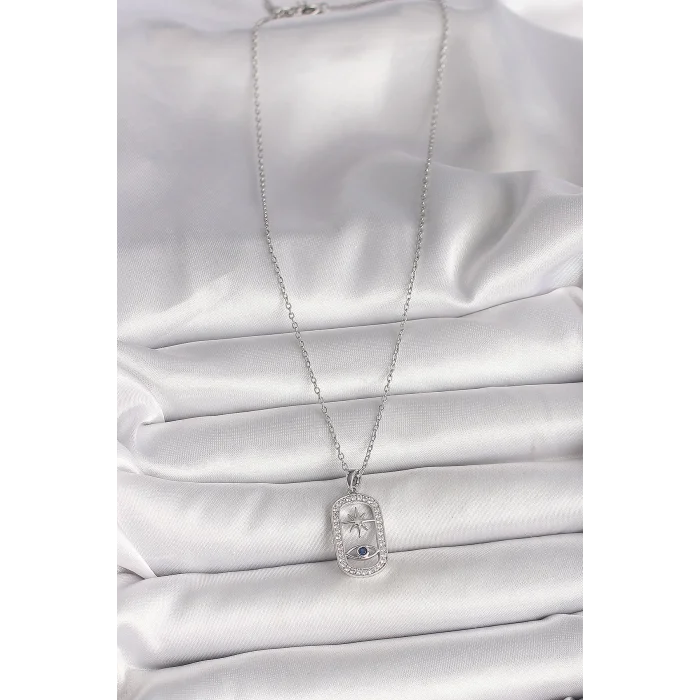 316L Çelik Gümüş Renk Zincir Zirkon Taşlı Göz Yıldız Model Kadın Kolye