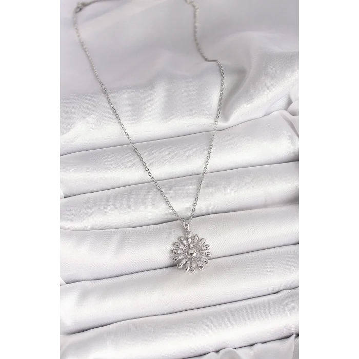 316L Çelik Gümüş Renk Zincir Zirkon Taşlı Güneş Model Kadın Kolye