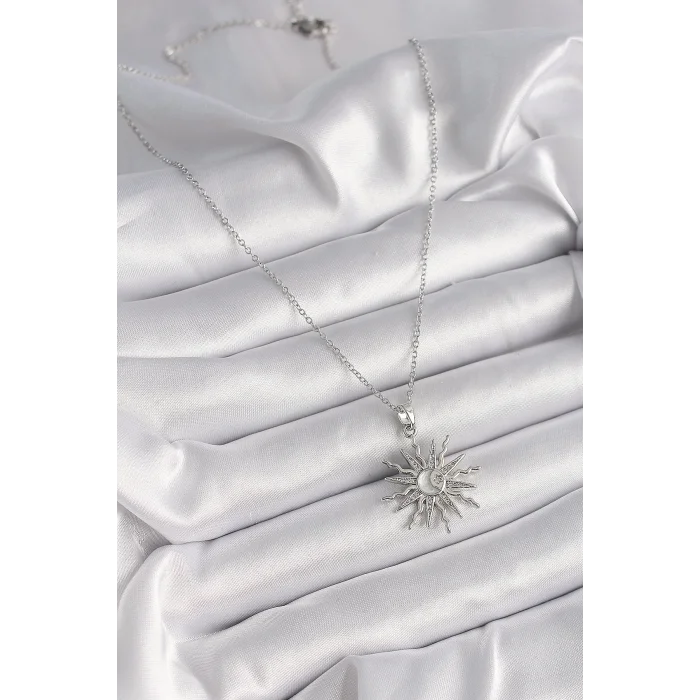 316L Çelik Gümüş Renk Zincir Zirkon Taşlı Güneş Model Sedefli Ay İşleme Detay Kadın Kolye