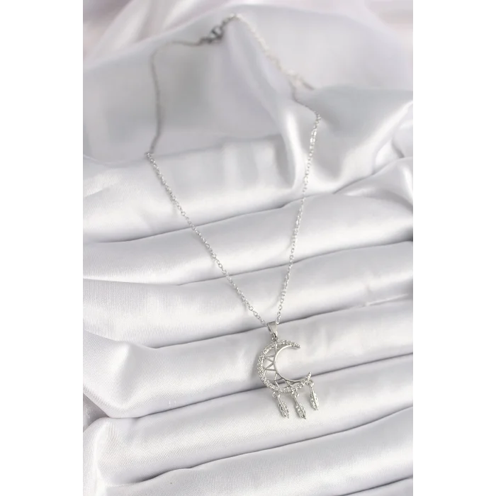 316L Çelik Gümüş Renk Zincir Zirkon Taşlı Hilal Model Sallantı Yaprak Detay Kadın Kolye