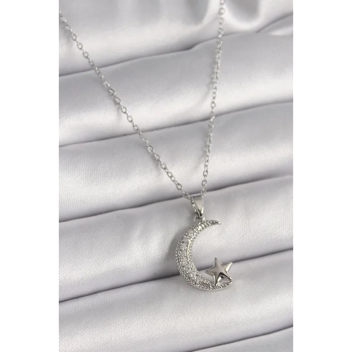 316L Çelik Gümüş Renk Zincir Zirkon Taşlı Hilal Model Yıldız Detay Kadın Kolye