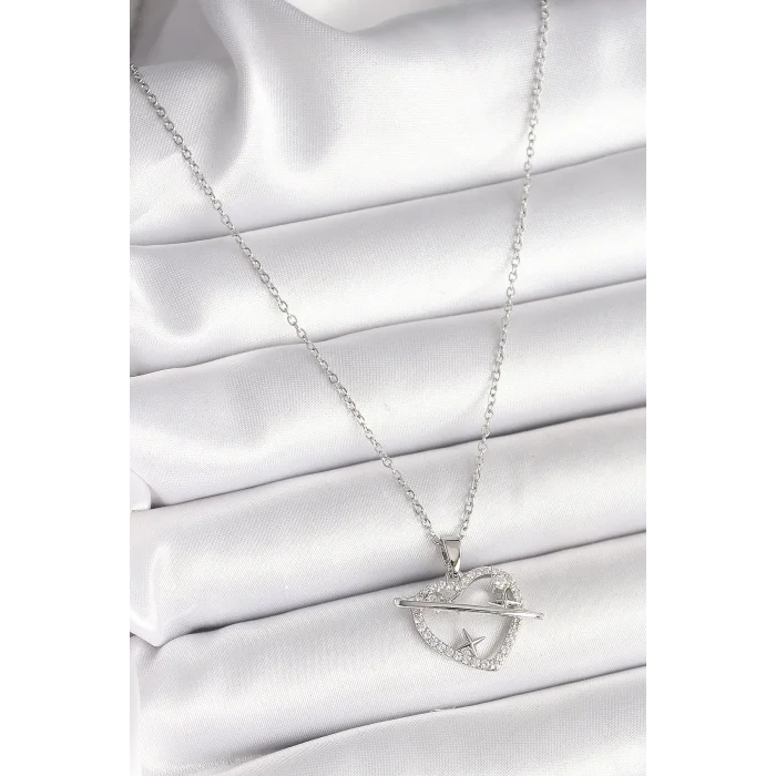 316L Çelik Gümüş Renk Zincir Zirkon Taşlı Kalp Model Yıldız Detay Kadın Kolye