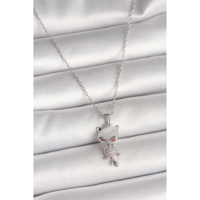 316L Çelik Gümüş Renk Zincir Zirkon Taşlı Kedi Model Kadın Kolye
