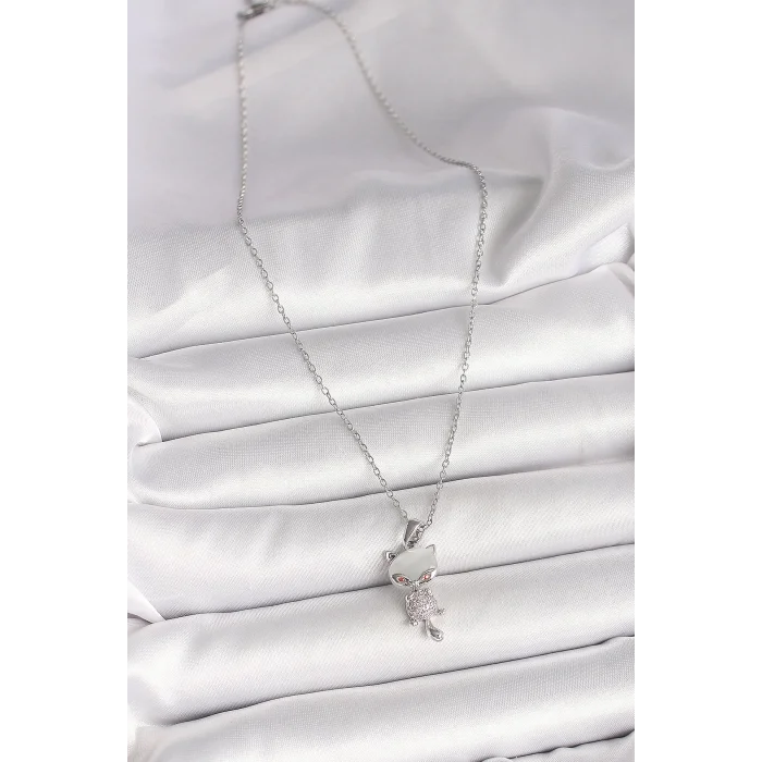 316L Çelik Gümüş Renk Zincir Zirkon Taşlı Kedi Model Kadın Kolye