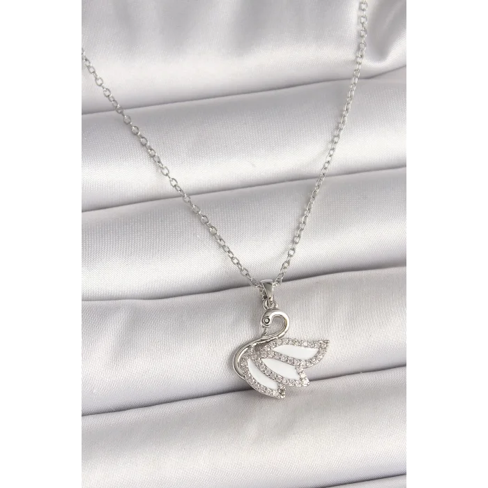 316L Çelik Gümüş Renk Zincir Zirkon Taşlı Kuğu Model Kadın Kolye