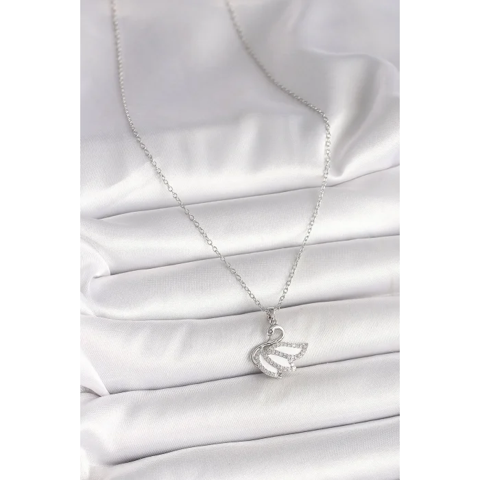 316L Çelik Gümüş Renk Zincir Zirkon Taşlı Kuğu Model Kadın Kolye