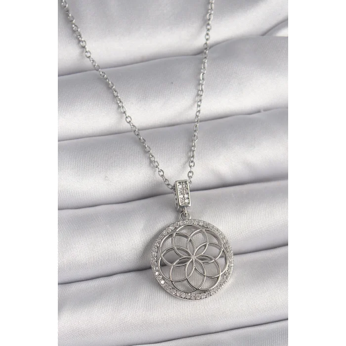 316L Çelik Gümüş Renk Zincir Zirkon Taşlı Lotus Model Kadın Kolye