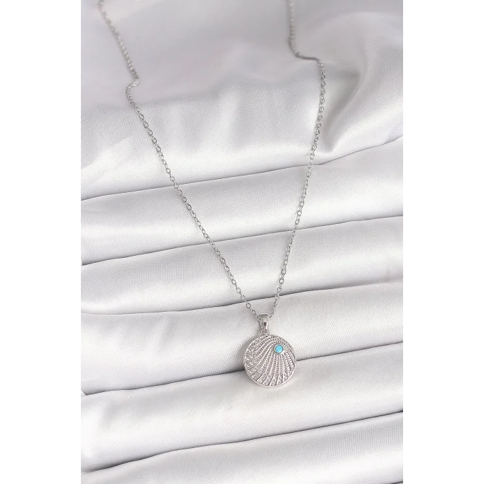 316L Çelik Gümüş Renk Zincir Zirkon Taşlı Mavi Taş Detaylı Madalyon Model Kadın Kolye