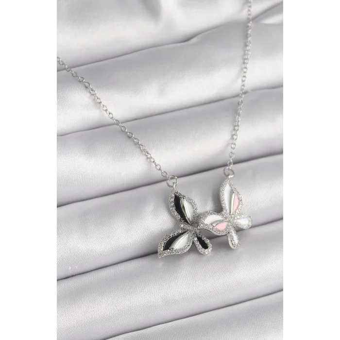 316L Çelik Gümüş Renk Zincir Zirkon Taşlı Renkli Kelebek Model Kadın Kolye