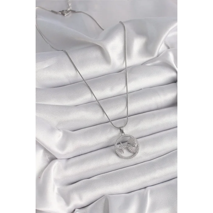 316L Çelik Gümüş Renk Zincir Zirkon Taşlı Yıldız Madalyon Model Kadın Kolye