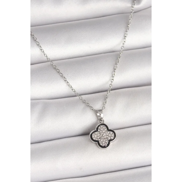 316L Çelik Gümüş Renk Zincir Zirkon Taşlı Yonca Model Kadın Kolye