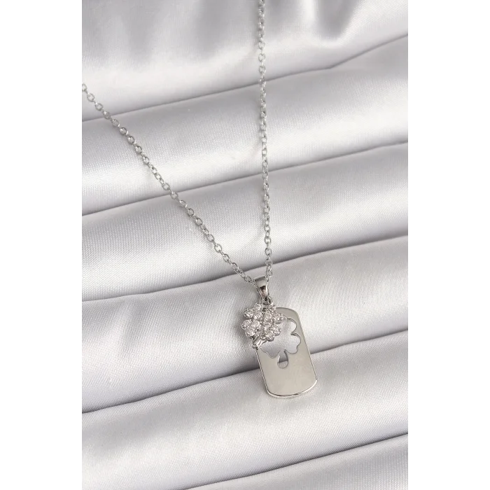 316L Çelik Gümüş Renk Zincir Zirkon Taşlı Yonca Model Kadın Kolye