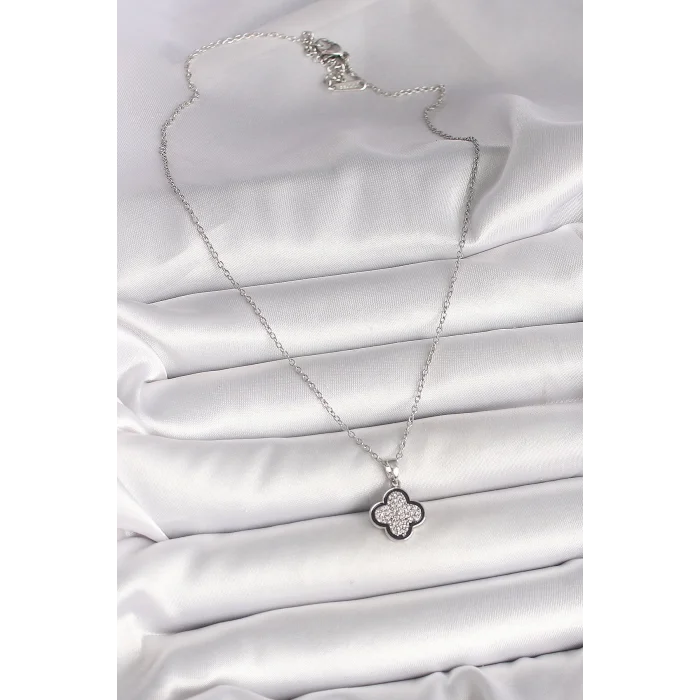 316L Çelik Gümüş Renk Zincir Zirkon Taşlı Yonca Model Kadın Kolye