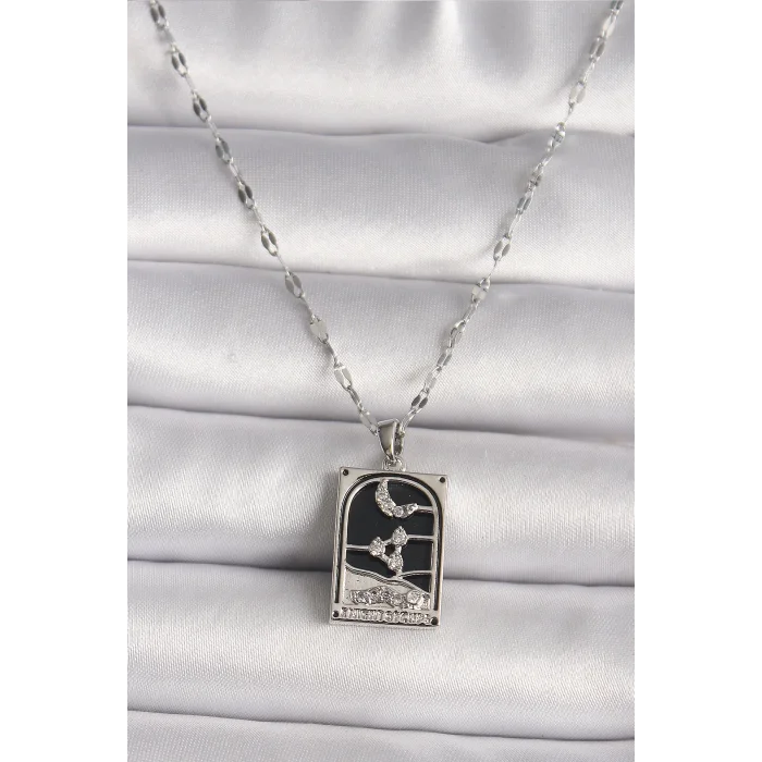 316L Çelik Gümüş Renk Zirkon Taşlı  Ay Figürlü Taror Model Kadın Kolye