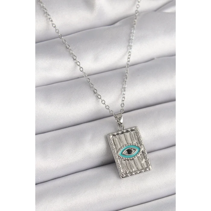 316L Çelik Gümüş Renk Zirkon Taşlı Göz İşleme Detaylı Plaka Model Kadın Kolye