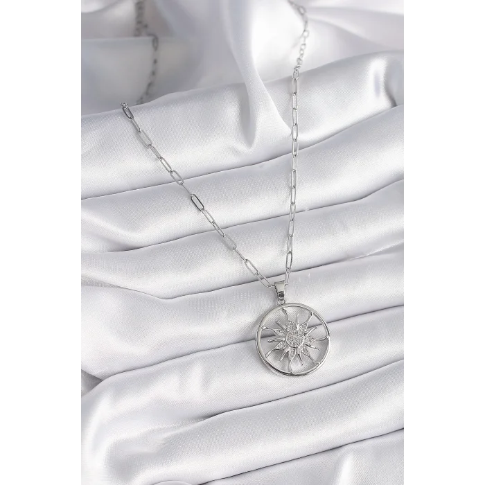 316L Çelik Gümüş Renk Zirkon Taşlı Güneş Madalyon Model Kadın Kolye