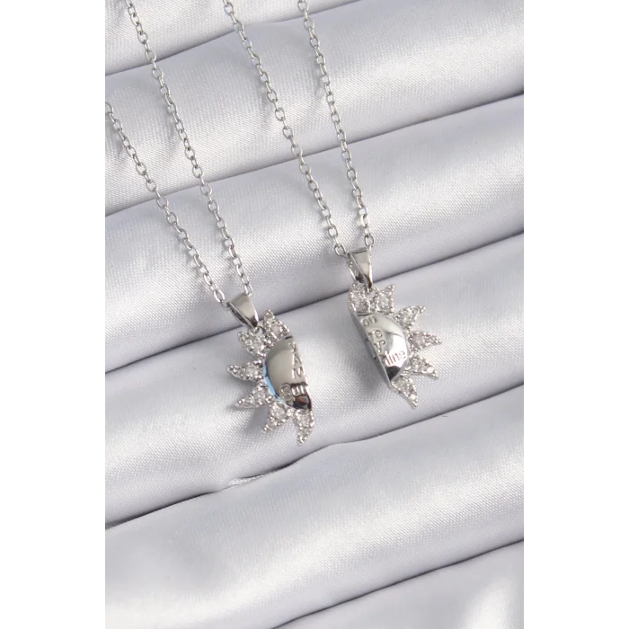 316L Çelik Gümüş Renk Zirkon Taşlı Güneş Model İşleme Yazı Detay Arkadaşlık Kolyesi
