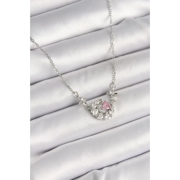 316L Çelik Gümüş Renk Zirkon Taşlı Hilal Pembe Kalp Model Kadın Kolye