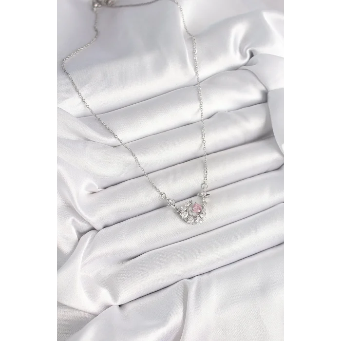 316L Çelik Gümüş Renk Zirkon Taşlı Hilal Pembe Kalp Model Kadın Kolye