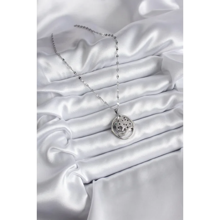 316L Çelik Gümüş Renk Zirkon Taşlı Jaguar Model Kadın Kolye