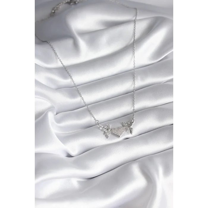 316L Çelik Gümüş Renk Zirkon Taşlı Kanat Kalp Model Kadın Kolye
