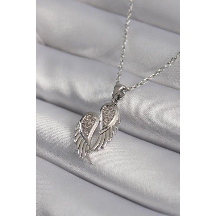 316L Çelik Gümüş Renk Zirkon Taşlı Kanat Model Kadın Kolye