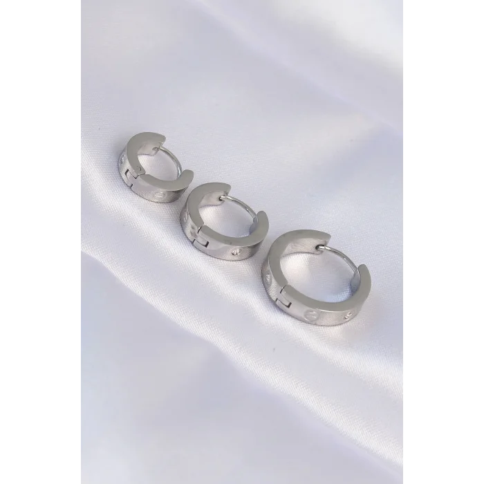 316L Çelik Gümüş Renk Zirkon Taşlı Model 3lü Halka Küpe