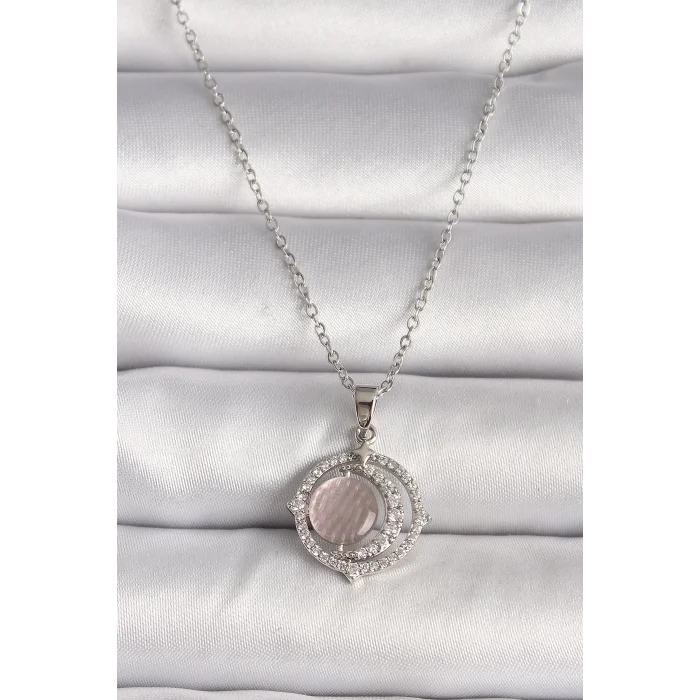316L Çelik Gümüş Renk Zirkon Taşlı Pembe Sedefli Hilal Model Kadın Kolye