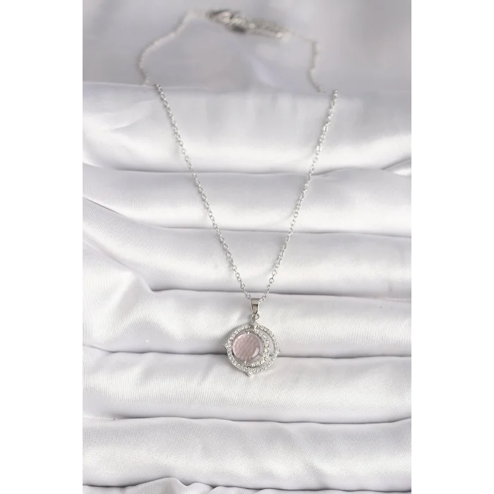 316L Çelik Gümüş Renk Zirkon Taşlı Pembe Sedefli Hilal Model Kadın Kolye