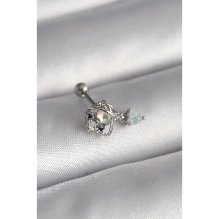 316L Çelik Gümüş Renk Zirkon Taşlı Sallantı Kalp Detay Tragus Piercing