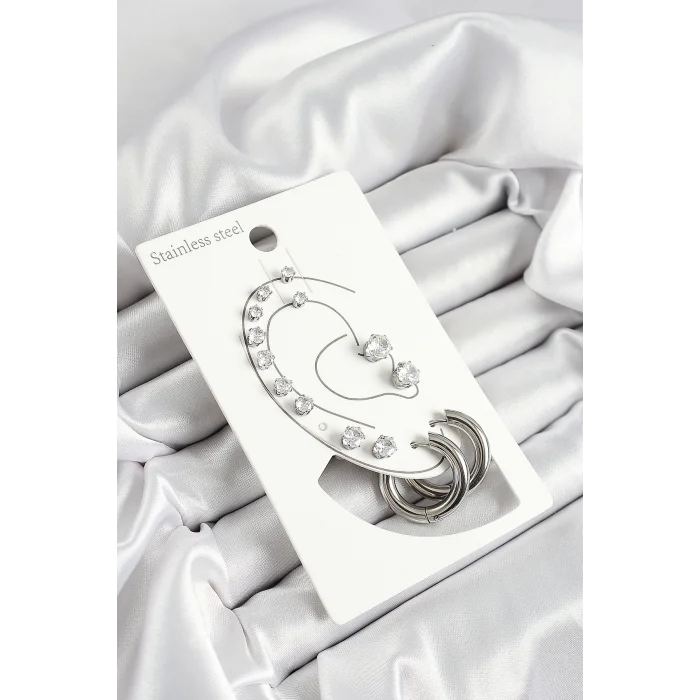 316L Çelik Halka Figürlü Ve Zirkon Taşlı Gümüş Renk 7li Çift Kadın Küpe Set