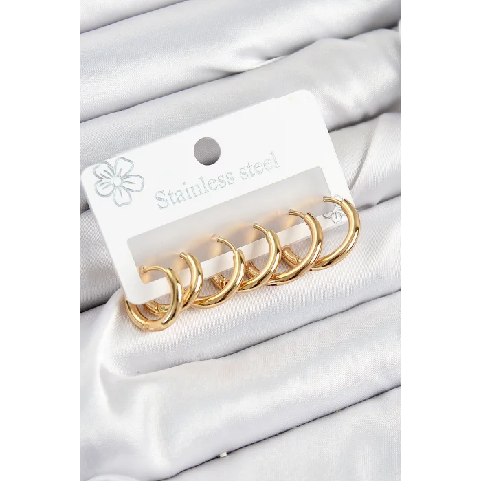 316L Çelik Halka Model Gold Renk 3lü Set Kadın Küpe
