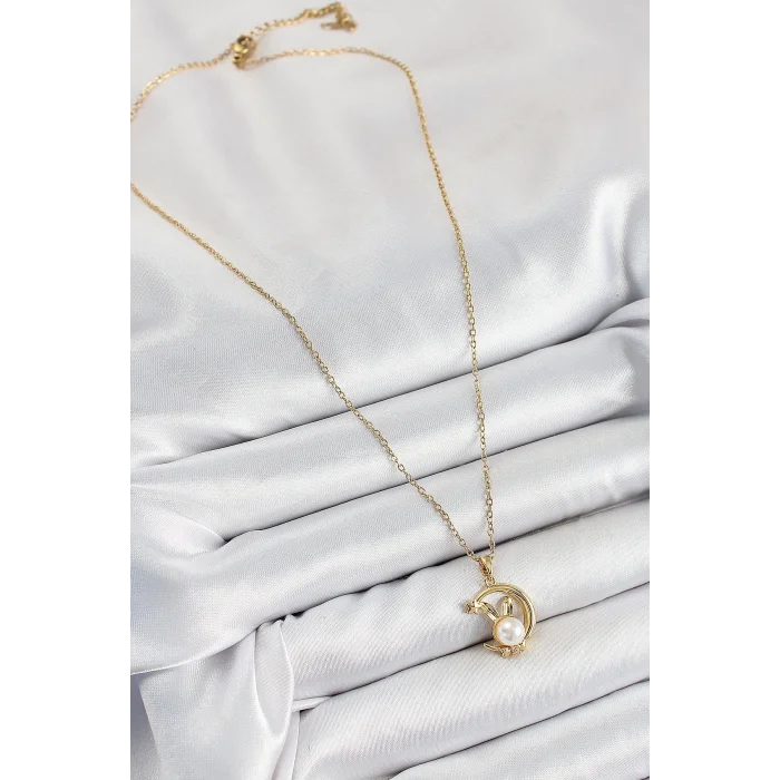 316L Çelik İnci Detaylı Hilal Tavşan Model Gold Renk Kadın Kolye