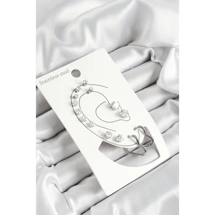 316L Çelik Kalp Figürlü Ve Zirkon Taşlı Gümüş Renk 7li Çift Kadın Küpe Set