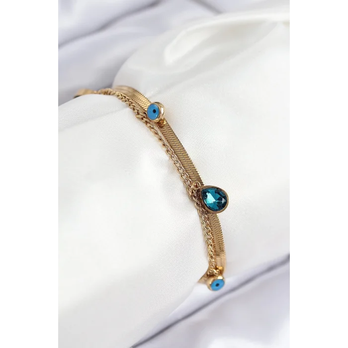 316L Çelik Nazar Boncuk Detaylı Mavi Zirkon Taşlı Model İtalyan Zincir Gold Renk Kadın Bileklik