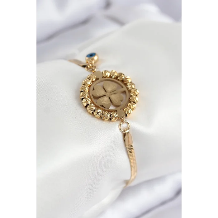 316L Çelik Nazar Boncuk Detaylı Yonca Model İtalyan Zincir Gold Renk Kadın Bileklik