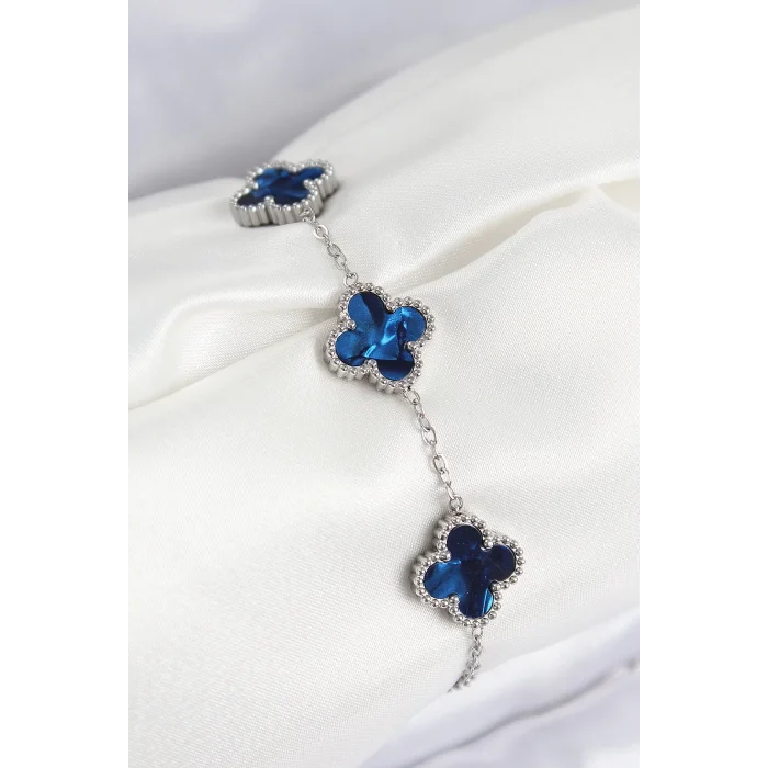 316L Çelik Sedefli Lacivert Gümüş Renk Yonca Kadın Bileklik