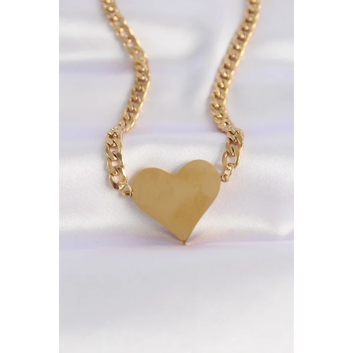316L Çelik Zincir Altın Renk Düz Plaka Kalp Kolye