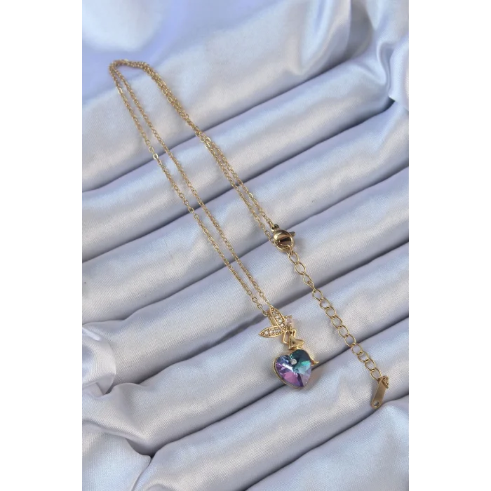 316L Çelik Zincir Altın Renk Mor Mavi Renk Zirkon Taşlı Kalp Detay Peri Kolye