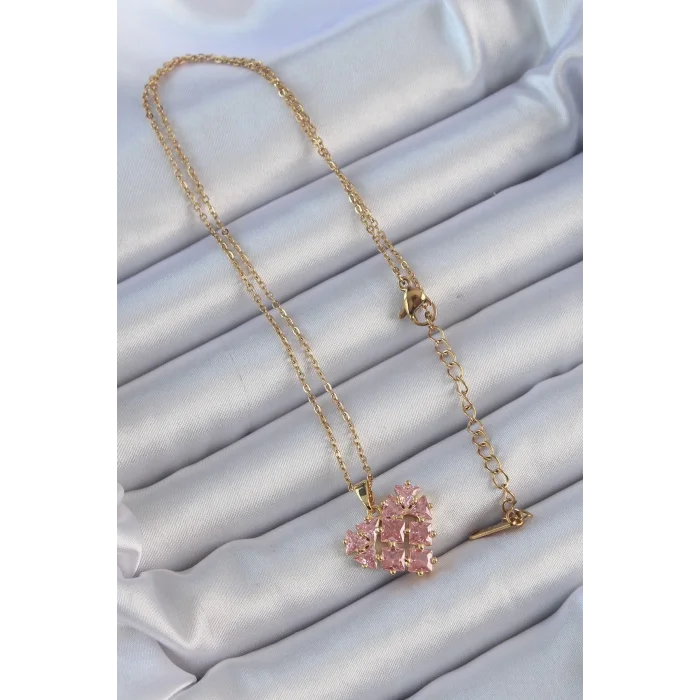 316L Çelik Zincir Altın Renk Pembe Parçalı Zirkon Taşlı Kalp Kolye