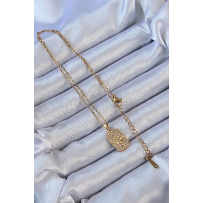 316L Çelik Zincir Altın Renk Zirkon Taşlı Kutup Yıldızlı Vintage Kolye