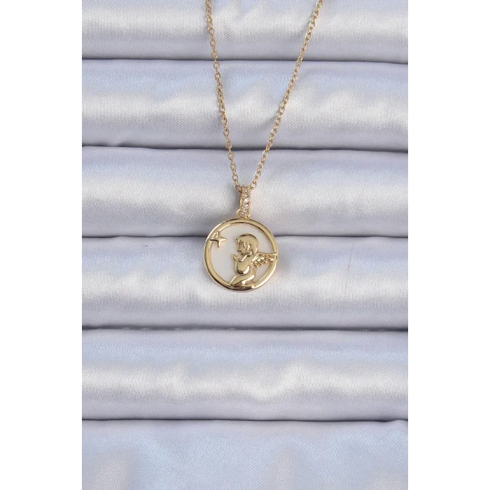 316L Çelik Zincir Altın Renk Zirkon Taşlı Mineli Melek Kolye