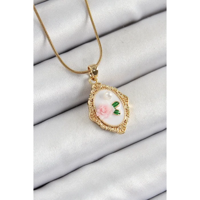 316L Çelik Zincir Beyaz Sanatsal Portre İnci Detaylı Gül Figürlü Model Gold Renk Kadın Kolye