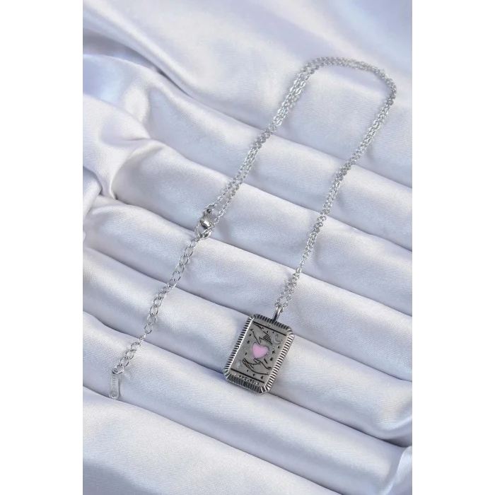 316L Çelik Zincir Eskitme Gümüş Renk Pembe Mineli Kalp Figürlü Tarot Kolye