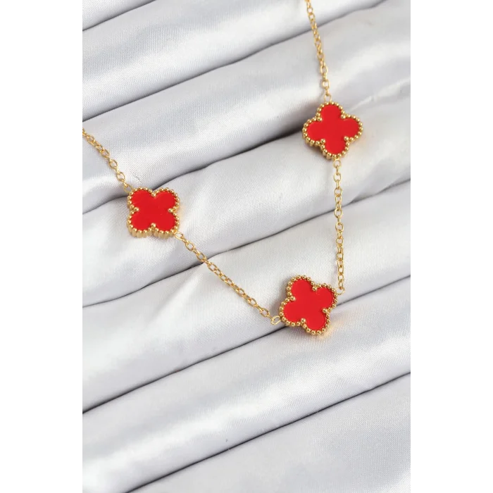 316L Çelik Zincir Gold Kırmızı Renk Yonca Kadın Kolye