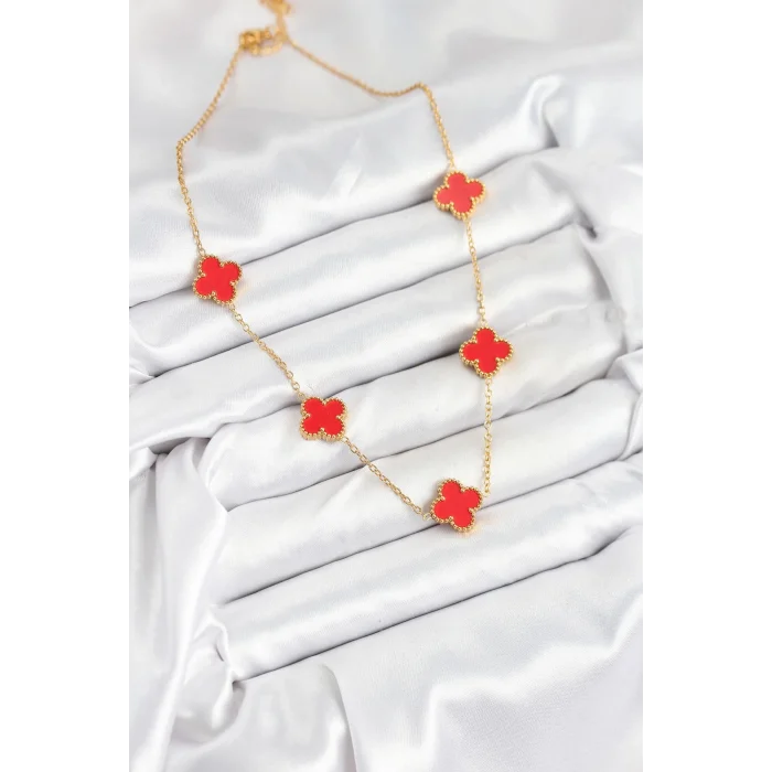 316L Çelik Zincir Gold Kırmızı Renk Yonca Kadın Kolye