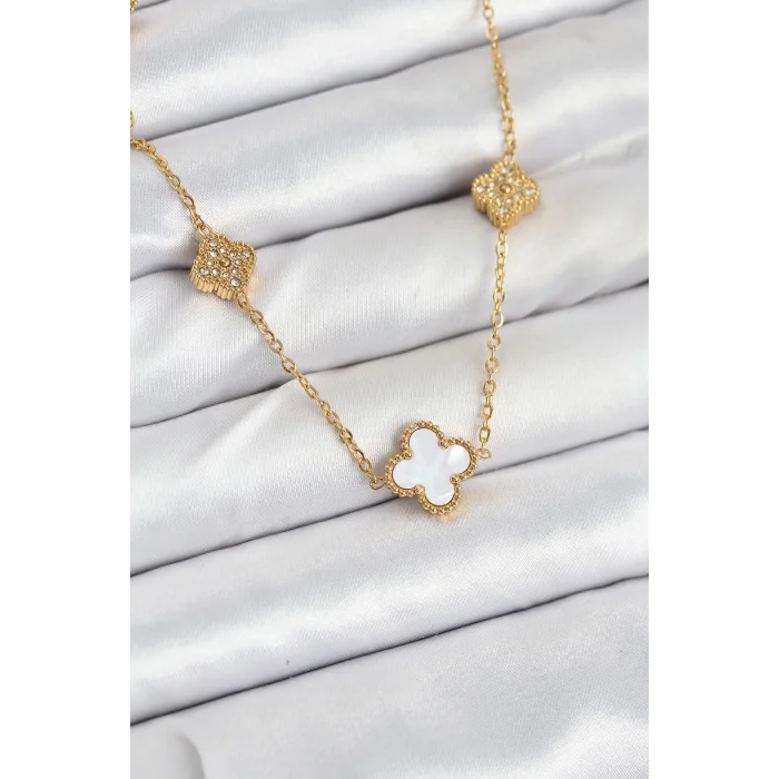 316L Çelik Zincir Gold Renk Beyaz ve Zirkon Taşlı Yonca Kadın Kolye
