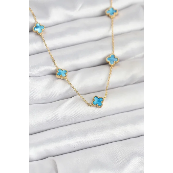 316L Çelik Zincir Gold Renk Buz Mavisi Baby Boy Yonca Kadın Kolye